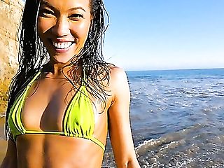 Hypnotizing Caramel Skin Sexy Dame In Bathing Suit Poses On The Beach And Fucks In The Bedroom